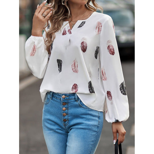 V-neck Feather Print Long-sleeved Loose T-shirt Women's Tops - Busy Bee Bazaar