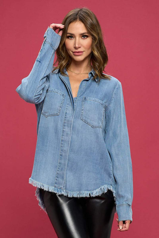 Washed Tencel Light Denim Blouse - Busy Bee Bazaar