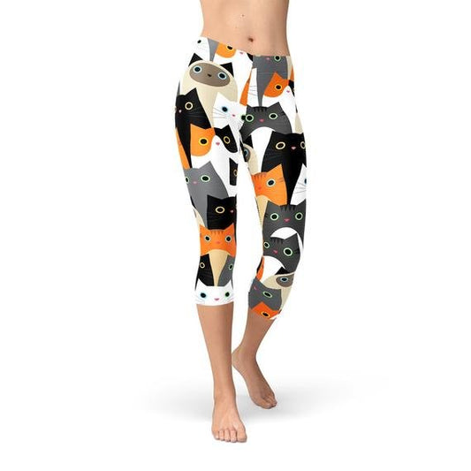 Womens All Over Print Cats Capri Leggings - Busy Bee Bazaar