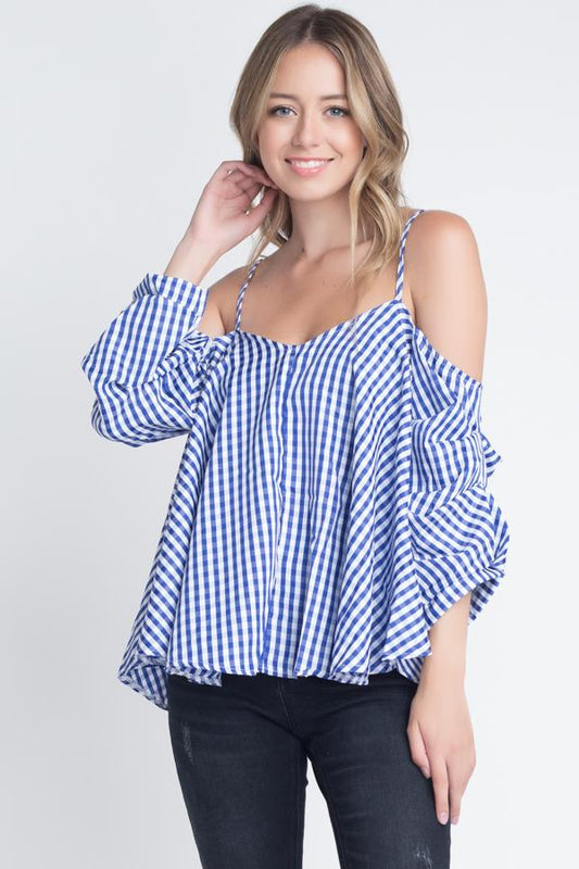 Women's Cold Shoulder Checkered Top - Busy Bee Bazaar