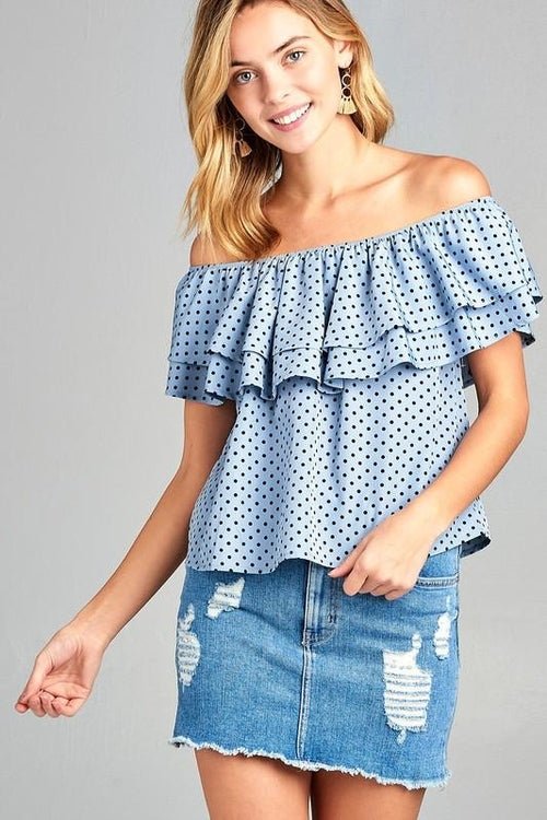 Women's Double Ruffle Off Shoulder Polka Dot Top - Busy Bee Bazaar