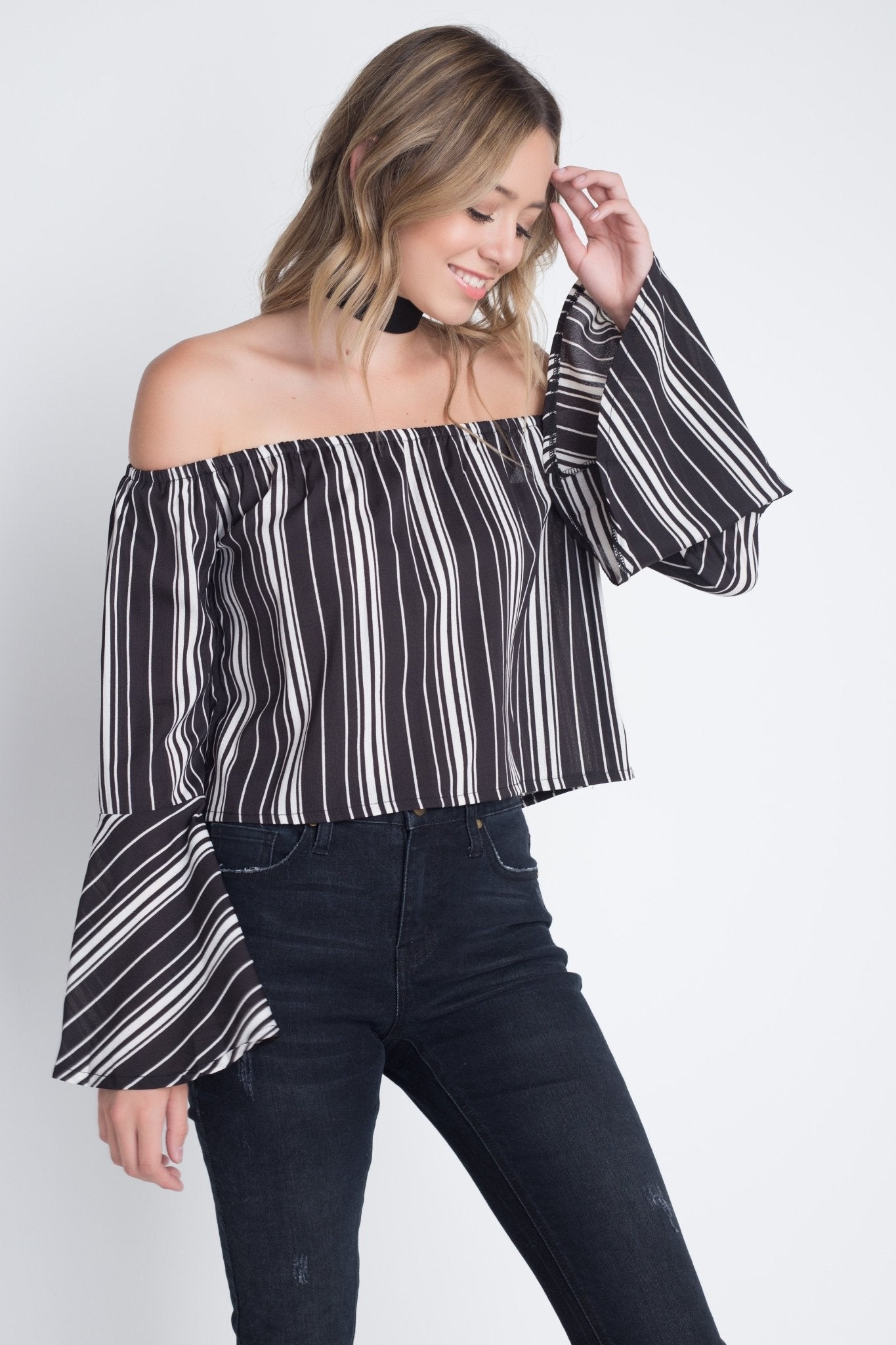 Women's Off Shoulder Casual Stripe Bell Sleeve Top - Busy Bee Bazaar