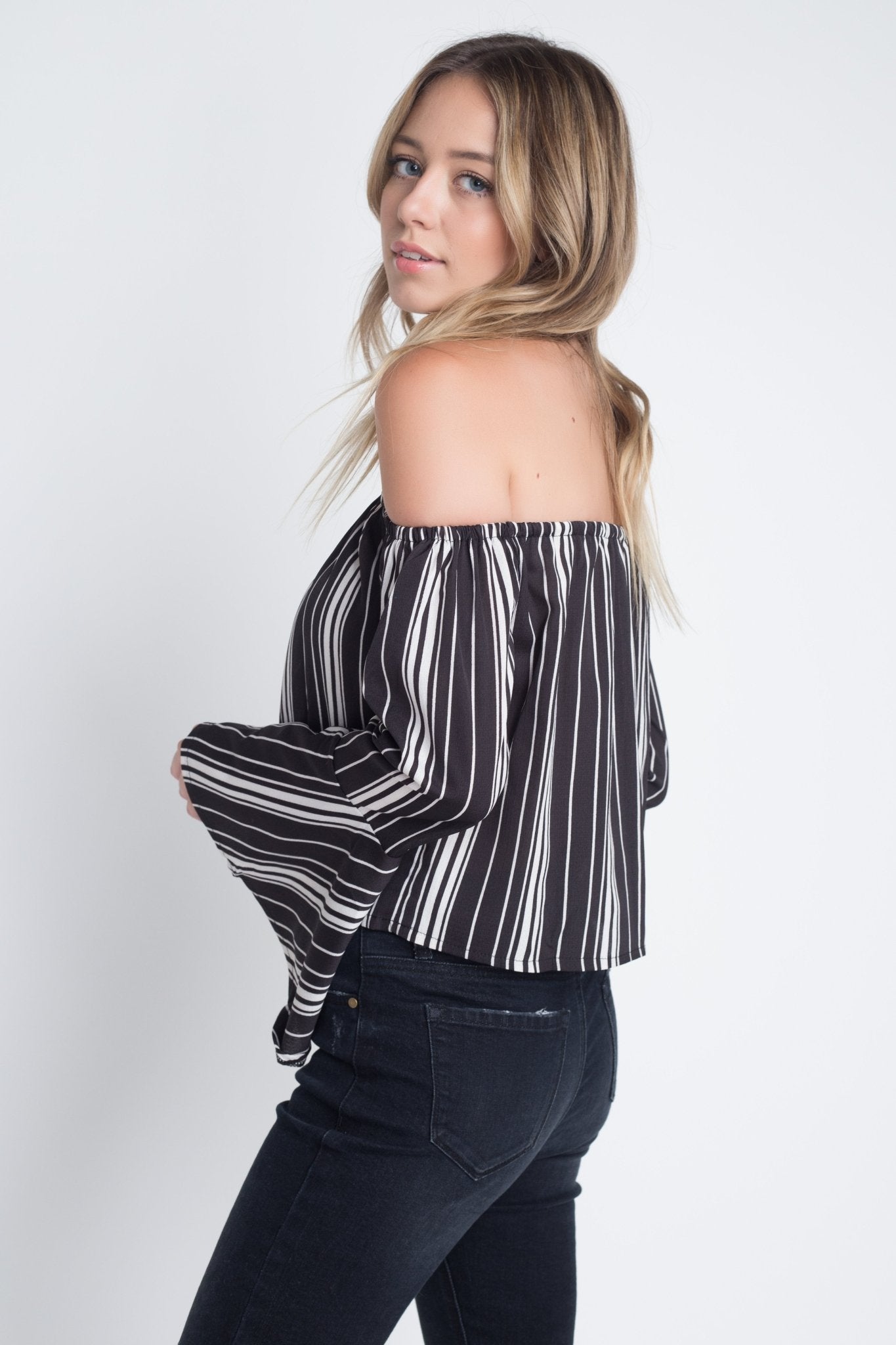 Women's Off Shoulder Casual Stripe Bell Sleeve Top - Busy Bee Bazaar