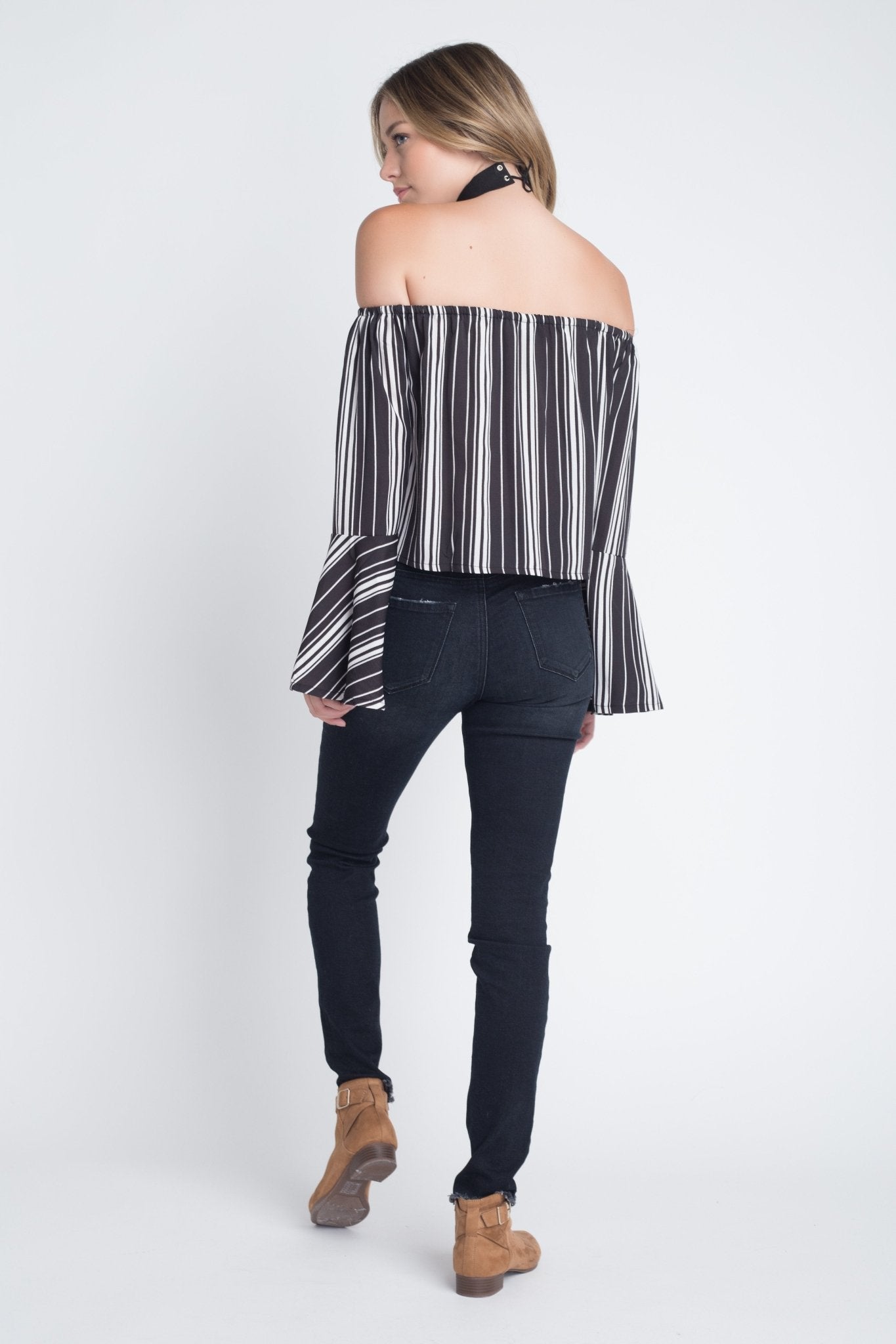 Women's Off Shoulder Casual Stripe Bell Sleeve Top - Busy Bee Bazaar