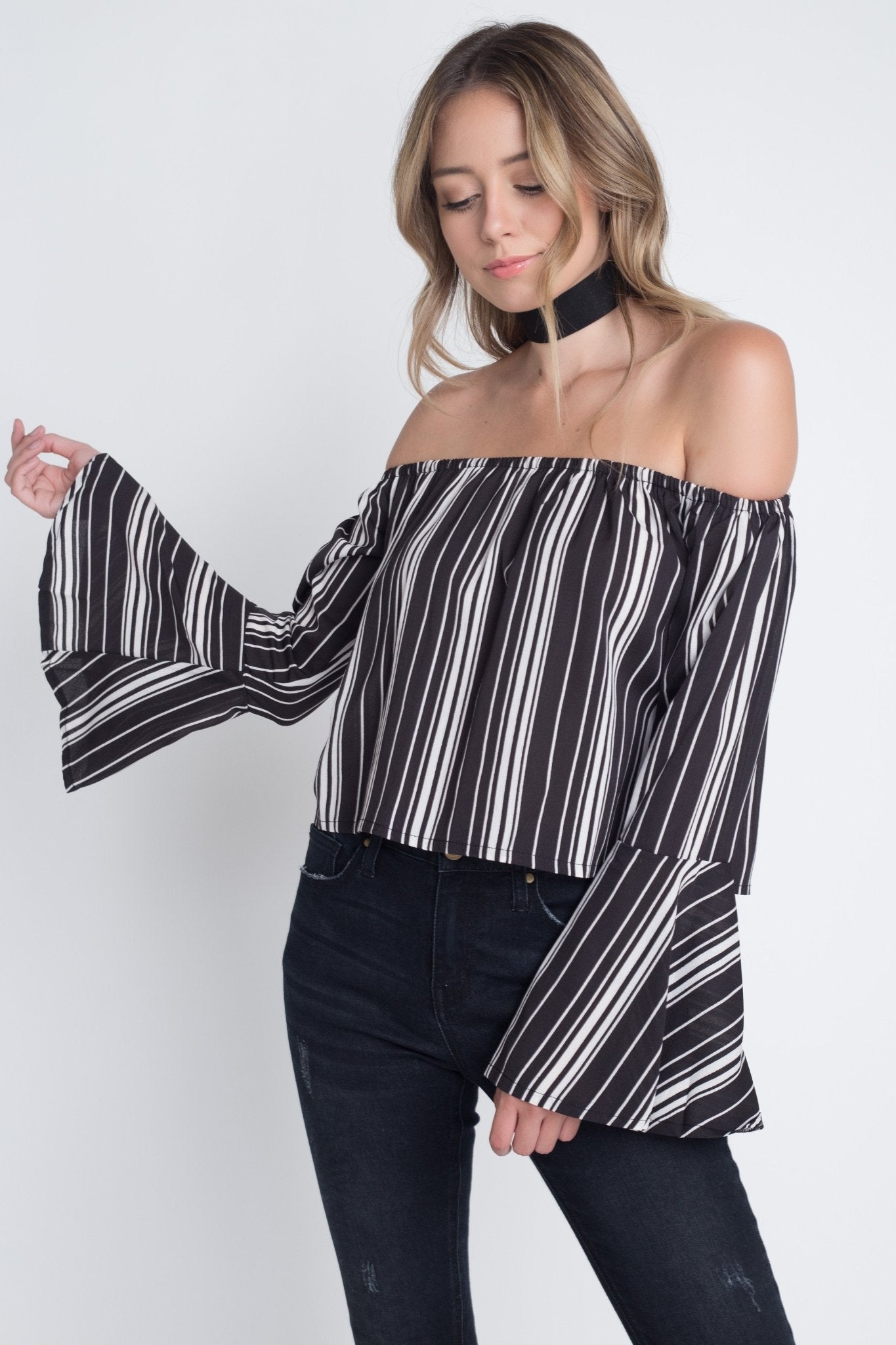 Women's Off Shoulder Casual Stripe Bell Sleeve Top - Busy Bee Bazaar