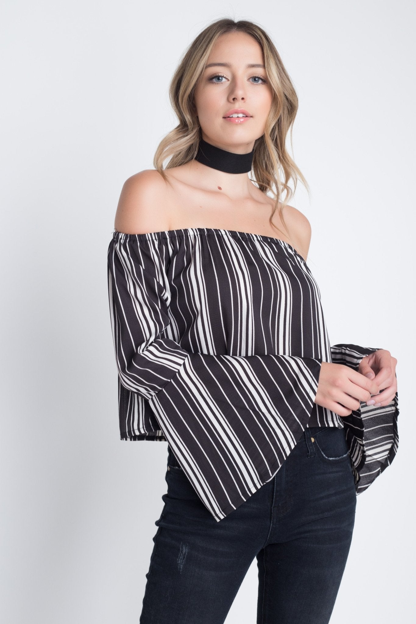 Women's Off Shoulder Casual Stripe Bell Sleeve Top - Busy Bee Bazaar