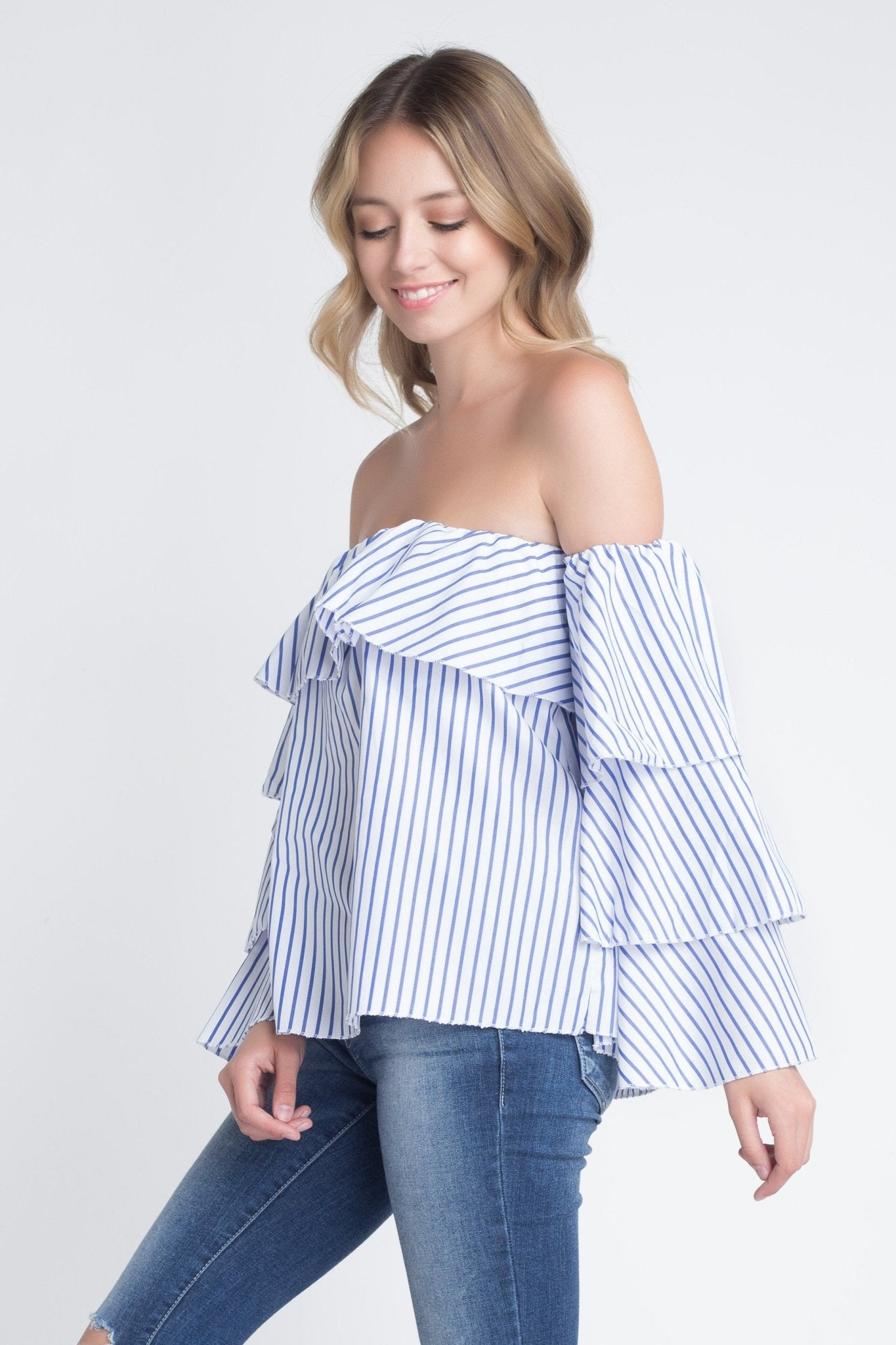 Women's Off Shoulder Stripe Ruffle Long Sleeve Top - Busy Bee Bazaar