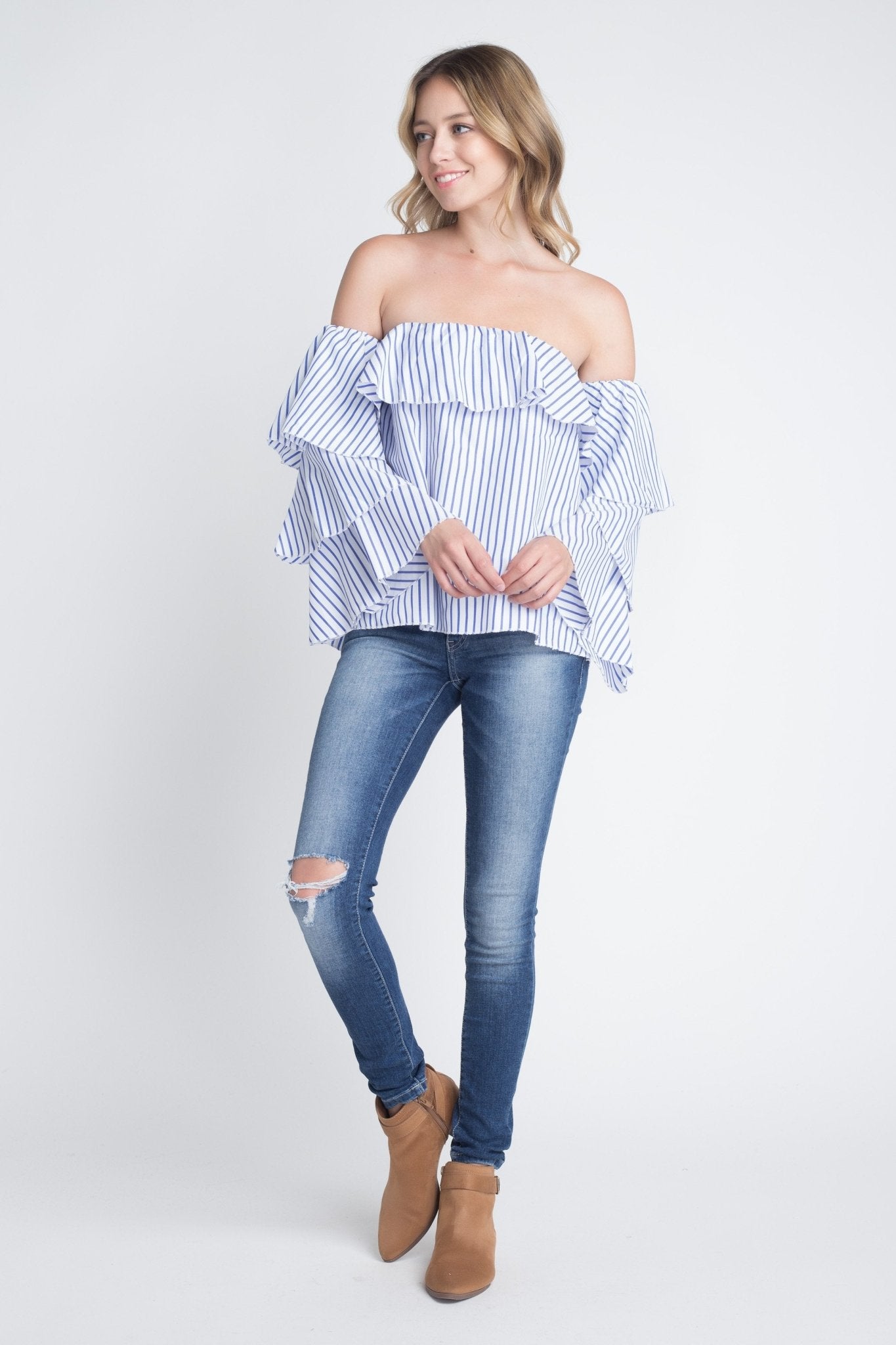 Women's Off Shoulder Stripe Ruffle Long Sleeve Top - Busy Bee Bazaar