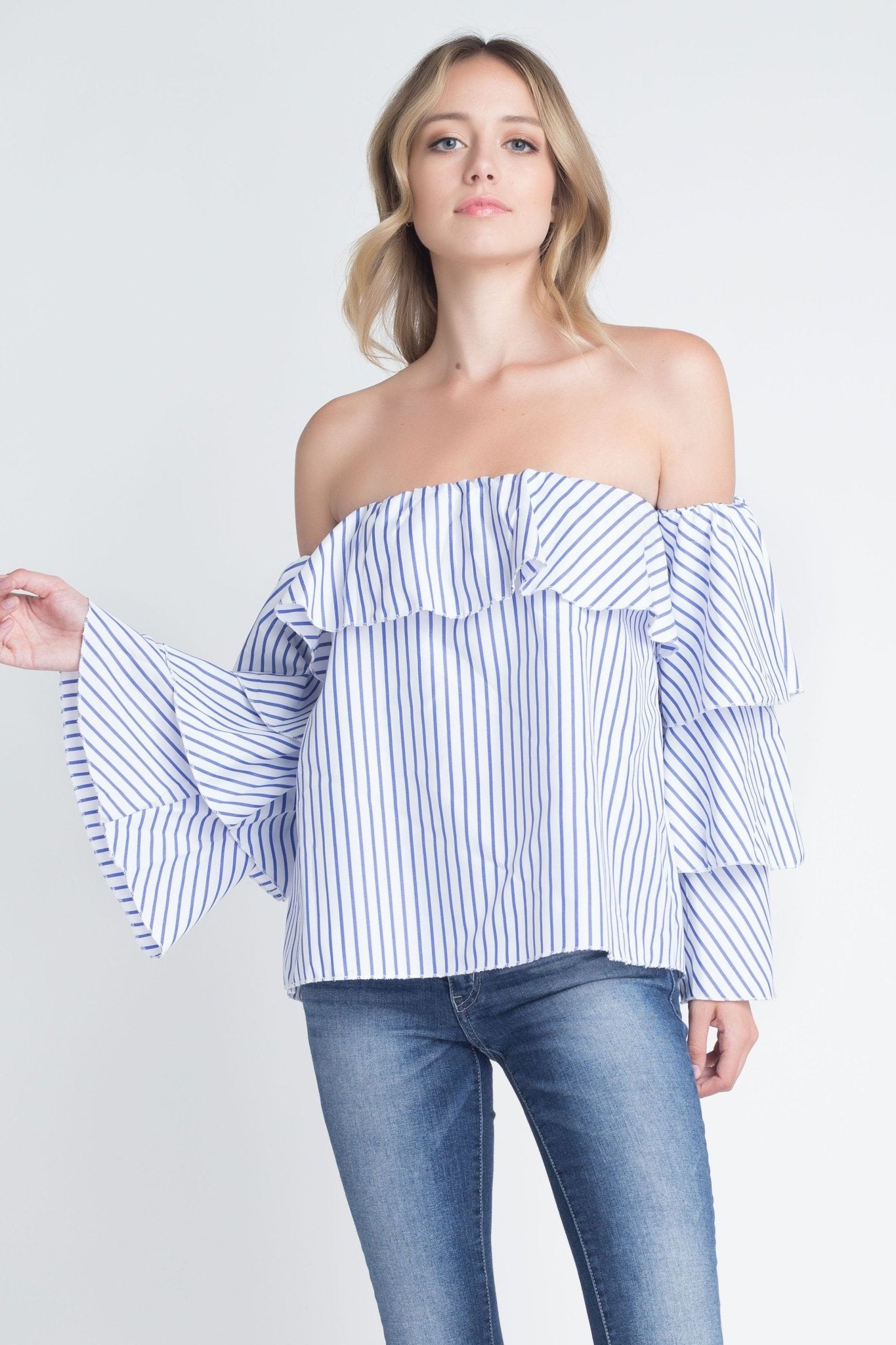 Women's Off Shoulder Stripe Ruffle Long Sleeve Top - Busy Bee Bazaar