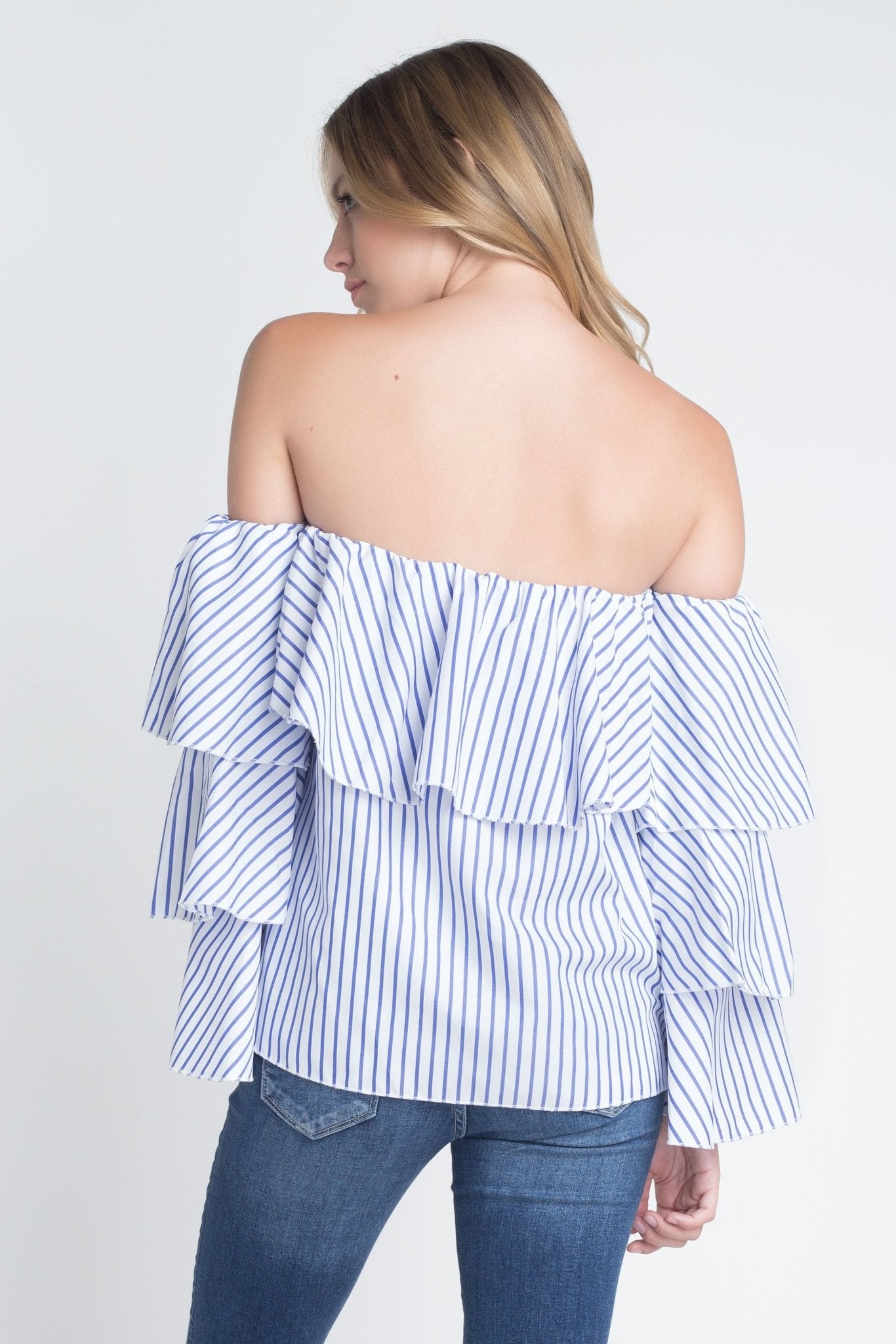 Women's Off Shoulder Stripe Ruffle Long Sleeve Top - Busy Bee Bazaar