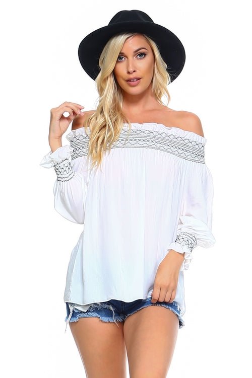 Women's Off Shoulder Stripe Smocked Elastic Top - Busy Bee Bazaar