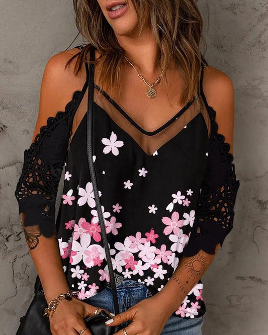 Women's Printed V-Neck Lace Trim Camisole Top - Busy Bee Bazaar