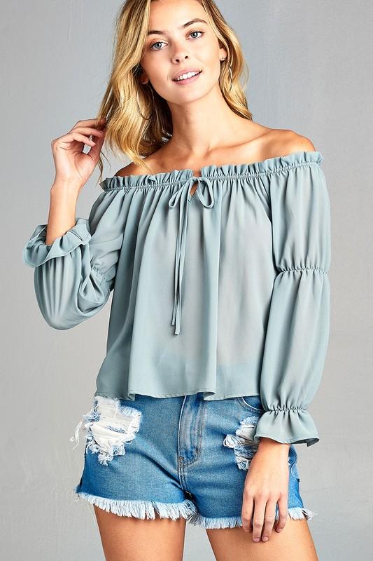 Women's Puff Long Sleeve Ruffled Front Tie Off Shoulder Top - Busy Bee Bazaar