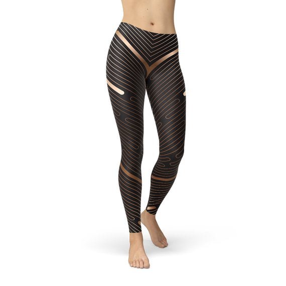 Womens Striped Lines Sports Brown Leggings - Busy Bee Bazaar