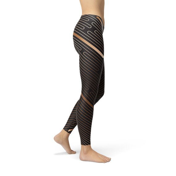 Womens Striped Lines Sports Brown Leggings - Busy Bee Bazaar