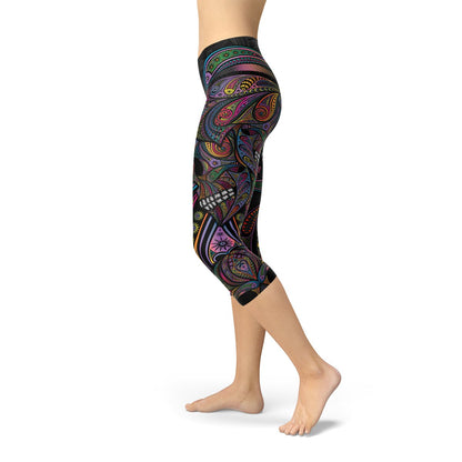 Womens Sugar Skull Capri Leggings - Busy Bee Bazaar